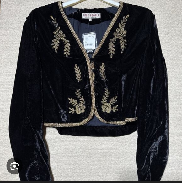 Free People Black and Gold Embroidered Velvet Jacket - Picture 6 of 15